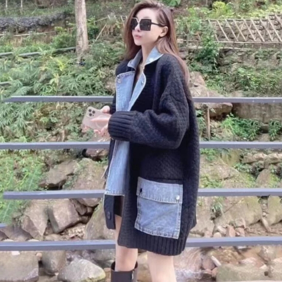 Sweaters - Denim stitched cardigan dark gray